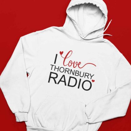 I Love Thornbury Radio Hoodie - Adult - Black/White/Red - Front Design
