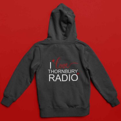 I Love Thornbury Radio Hoodie - Adult - Black/White/Red - Back Design