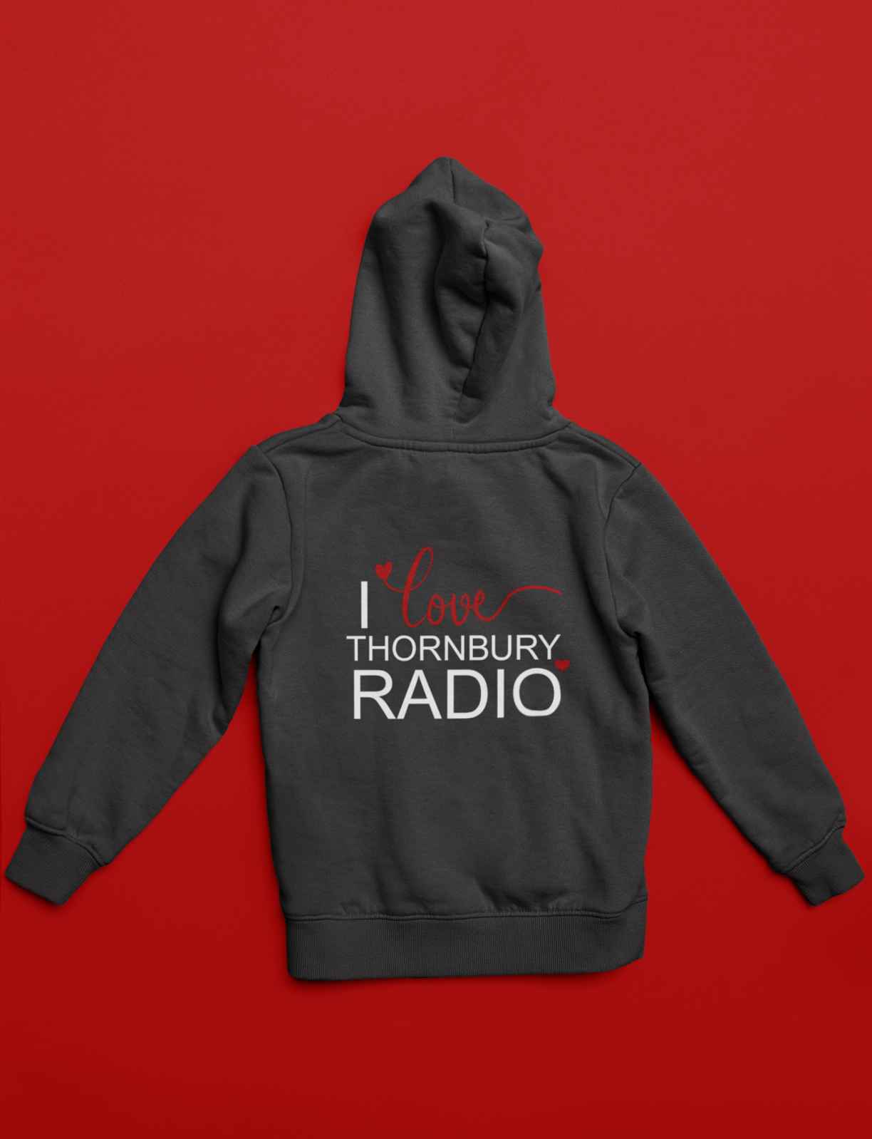 I Love Thornbury Radio Hoodie - Adult - Black/White/Red - Back Design