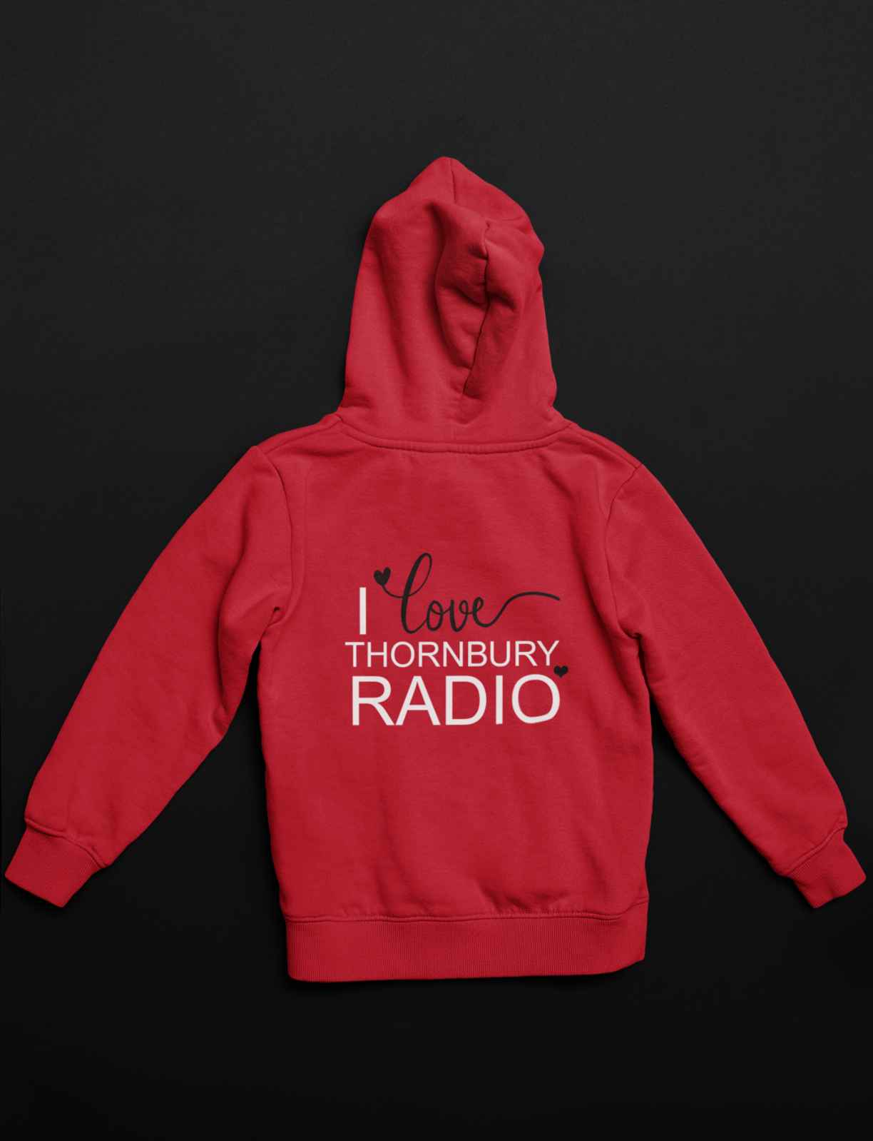 I Love Thornbury Radio Hoodie - Adult - Black/White/Red - Back Design - Image 2