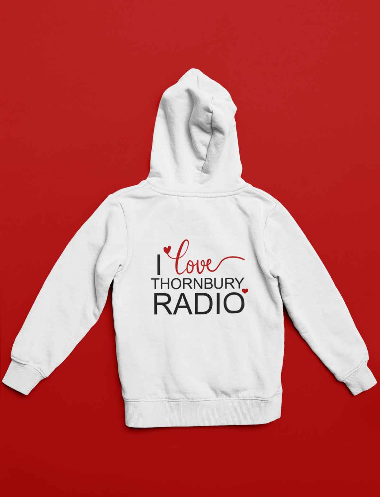 I Love Thornbury Radio Hoodie - Adult - Black/White/Red - Back Design - Image 3